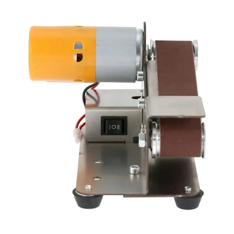 Mini Electric Belt Sander With Grinder Set Perfect For DIY Polishing And Sharpener Tasks showing motor and sanding belt on stainless steel base.