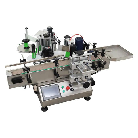 Top Shelf Fully Automatic Round Bottle Labeling Machine With Snappy Touch Screen And Rock Solid Auto Correction For Fast Hassle Free Industrial Packaging, showcasing touchscreen and labeling components.