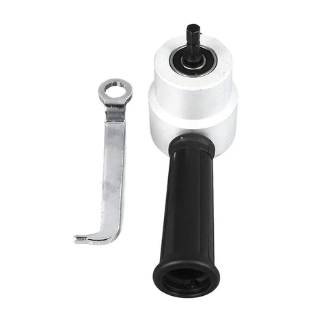 Super Fast Double Head Sheet Metal Nibbler Drill Attachment with a black handle and metal adapter for precise cuts.