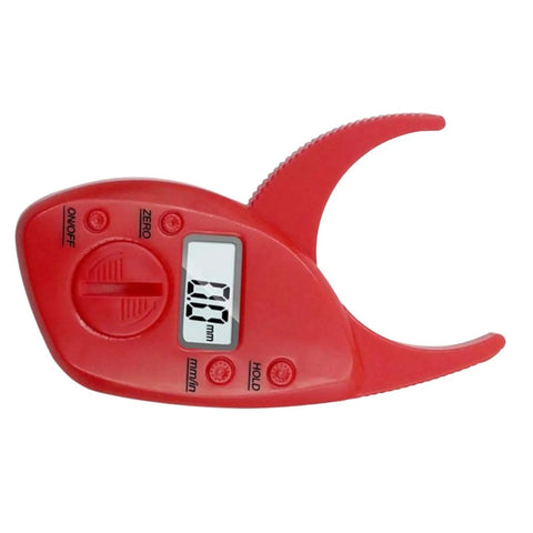 Digital Fat Caliper with Nonslip Grip, ABS, 50mm Ranging, Red displaying measurement screen and buttons.