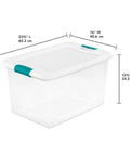 Transparent 106 Qt latching storage bin with snap lid, dimensions 23.75" L x 16" W x 13.5" H, for organizing and decluttering.