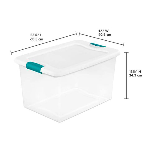 Transparent 106 Qt latching storage bin with snap lid, dimensions 23.75" L x 16" W x 13.5" H, for organizing and decluttering.
