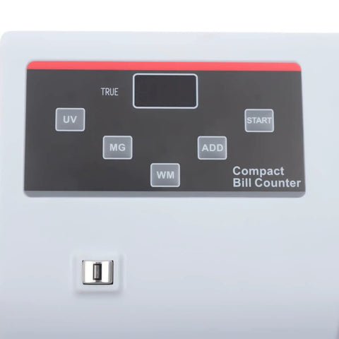 Close-up of Money Counter Machine With UV MG WM Counterfeit Detection, showing control panel and buttons on a LED display.