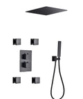 Slick Matte Black Rain Shower System With 10 Inch Ceiling Mounted Rainfall Head And Handheld Sprayer Body Jets Thermostatic Mixer Valve Temp Lock views.