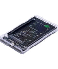 Dual MSATA SSD To USB 3.0 Type C Adapter With JBOD Raid 0 Mode And 2.5 Inch SATA Combo Enclosure shown from an angle, clear housing design.