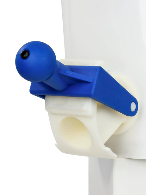 Close-up of Plastic Honey Gate Valve For Buckets, blue nylon ball handle, installed on a white bucket, part of a two pack with screwdriver.