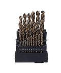 Heavy Duty M42 Cobalt Drill Bit Set 25 Piece with various sizes in black holder for metal and wood projects.