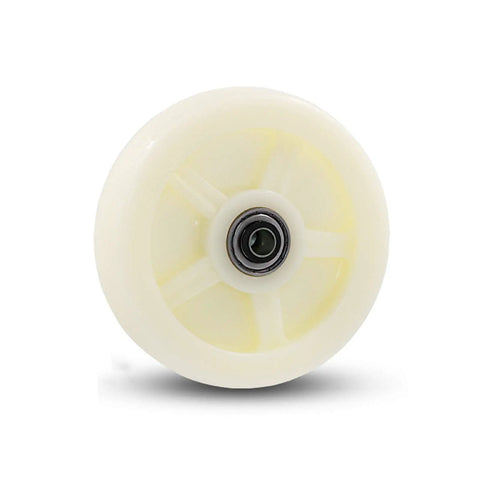 Hella Smooth Heavy Duty Swivel Caster Wheels With White Nylon Rollers And Rust Proof Metal Plates Replacement Pack Of Four, close-up view of nylon roller.