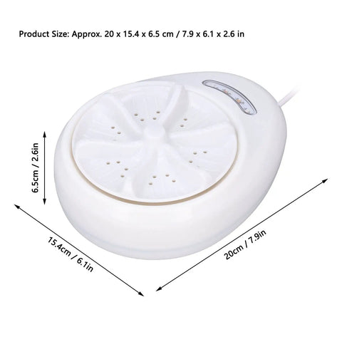 Portable Mini Washing Machine for Road Trips and Compact Laundry, 120W Low Power Washer with Gentle Hand Rub shown with dimensions