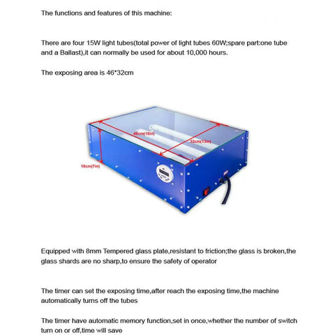 Pro Grade UV Exposure Unit For Silk Screen Printing, 60W Desktop Exposure Box with Four 15W Lamps, 46 By 32 Cm Area