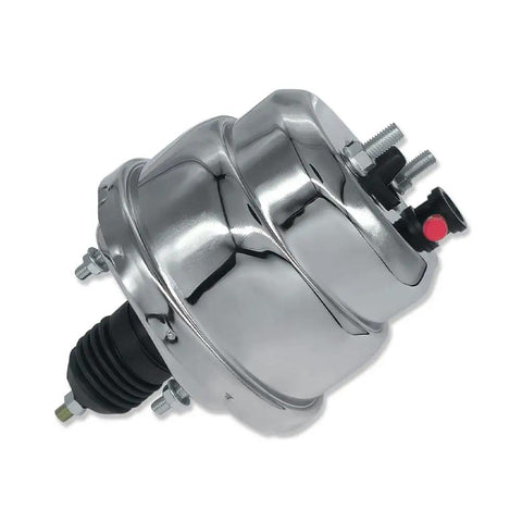 Premium Universal 7 Inch Dual Diaphragm Power Brake Booster Chrome Steel Finish With Sick Stopping Power And Heavy Four Bolt Mount For Street Rods And Custom Builds, top view.