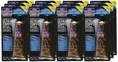 Front view of 12 Pack Ultra Copper Maximum Temperature RTV Silicone Gasket Maker 3 Oz Tube, suitable for high temp auto sealing
