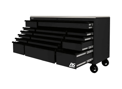 72 Inch Roller Cabinet With Stainless Steel Top RS Pro Workstation Midnight Black Heavy Duty Tool Chest On Wheels For Garage Or Workshop