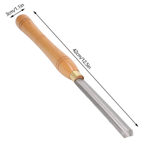 Wood lathe turning chisel with wooden handle and steel shaft, 42 cm long.