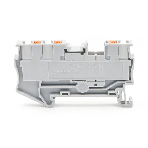 Side view of Ten Pack 2.5mm Twin Wire Terminal Block Kit For DIN Rail With Spring Clamp Wiring Blue 10 Pieces Pt 2.5 Twin.