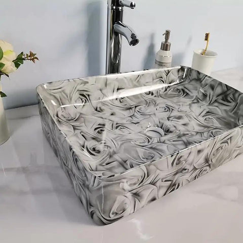 USZWBY Vessel Sinks Bathroom Vessel Sink Hotel Art Wash Basin Marble Pattern Ceramic Bathroom Bowl Sink in sleek rectangular design.