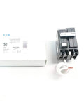 QBGFT2050 Two Pole 50 Amp Miniature Circuit Breaker 120/240V AC for home panels with box and accessory, front view.