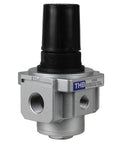 Top Shelf Air Pressure Regulator Valve For Compressor With Included Dial Gauge And Quick Lock Knob shown from side with black knob and silver body.