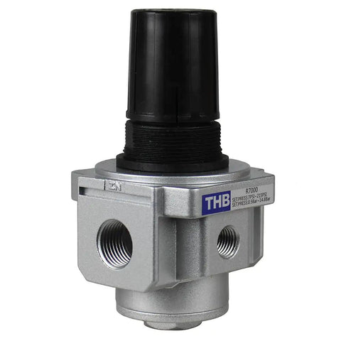 Top Shelf Air Pressure Regulator Valve For Compressor With Included Dial Gauge And Quick Lock Knob shown from side with black knob and silver body.