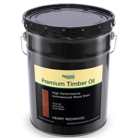 Top Shelf 5-Gallon Heart Redwood Premium Timber Oil High Performance Architectural Wood Stain in a black bucket.
