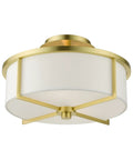 Two Light Satin Brass Stylish Semi Flush Ceiling Light With Off White Hardback Fabric Shade From Wesley Collection, side view
