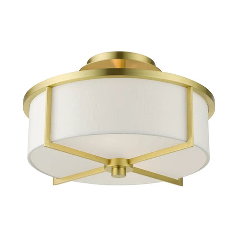 Two Light Satin Brass Stylish Semi Flush Ceiling Light With Off White Hardback Fabric Shade From Wesley Collection, side view