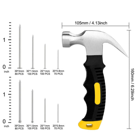 Heavy Duty 700 Piece Nails Set With 8oz Hammer for Hanging Wall Art and Picture Frames, includes nail sizes and hammer dimensions