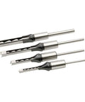 Top Shelf Four Piece Mortising Chisel Set Cut Hardwood Like Butter Drop Dead Sharp Replacement Bits For Three Quarter Inch Collar Attachments Heavy Duty Ground Steel Ready To Use And Clear Bench Space Fast displayed from the side.