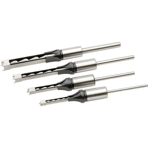Top Shelf Four Piece Mortising Chisel Set Cut Hardwood Like Butter Drop Dead Sharp Replacement Bits For Three Quarter Inch Collar Attachments Heavy Duty Ground Steel Ready To Use And Clear Bench Space Fast displayed from the side.