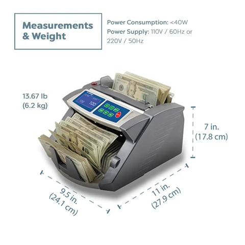 Commercial Grade Money Counter With Ultraviolet And Magnetic Counterfeit Detection, 200 Bill Hopper, LCD Display, Dimensions Shown