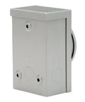 Side view of gray 30 Amp NEMA 3R Generator Power Inlet Box for outdoor use with weatherproof powder-coated steel.