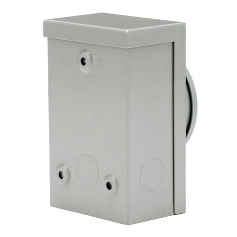 Side view of gray 30 Amp NEMA 3R Generator Power Inlet Box for outdoor use with weatherproof powder-coated steel.
