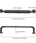 10 Pack 5 Inch Oil Rubbed Bronze Cabinet Handles with dimensions, showing width, height, screw hole distance for kitchen cabinets and drawers.