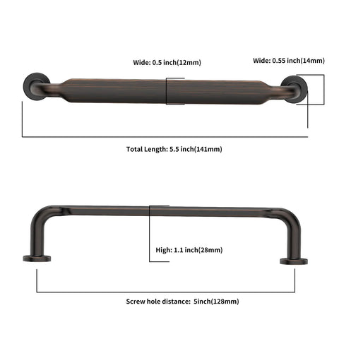 10 Pack 5 Inch Oil Rubbed Bronze Cabinet Handles with dimensions, showing width, height, screw hole distance for kitchen cabinets and drawers.