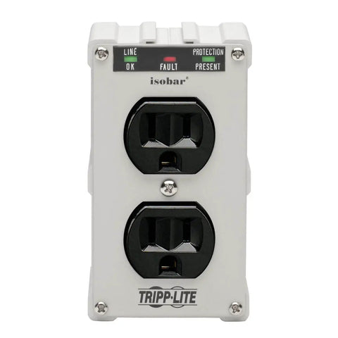 Front view of ISOBLOK2-0 Heavy Duty Outlet Extender With 2 Outlets Direct Plug In Wall Power Strip Surge Protector for industrial use.