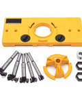 Hinge drilling jig kit: yellow plastic base with 15–35mm drill guide, metal bits, cup cutter, nuts
