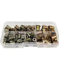 Vibrant Assortment Of Zinc Plated M5 And M8 Hex Socket Furniture Inserts With Durable Color Coding In Compact Case showing 75 inserts in storage box.