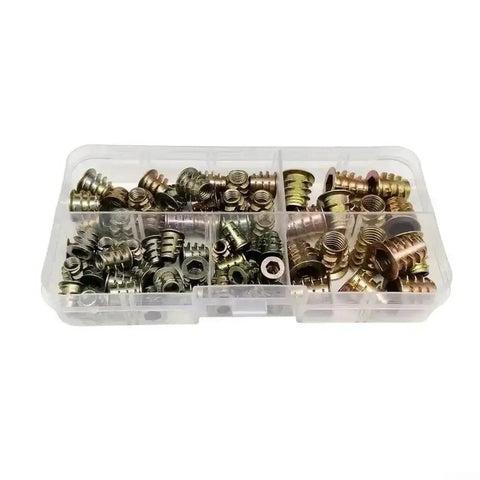 Vibrant Assortment Of Zinc Plated M5 And M8 Hex Socket Furniture Inserts With Durable Color Coding In Compact Case showing 75 inserts in storage box.