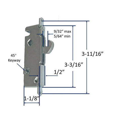 Upgrade Your Slide Door Game With This Heavy Duty 45 Degree Mortise Lock Assembly Built Tough For Patio Entrances Featuring 3 11 16 Inch Center Measurement And Hassle Free Swap Install, shown with measurements.