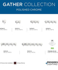 Gather Collection polished chrome bath vanity lights with etched glass shades and varied sizes displayed on a catalog page.