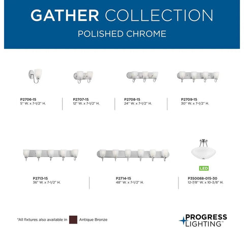 Gather Collection polished chrome bath vanity lights with etched glass shades and varied sizes displayed on a catalog page.