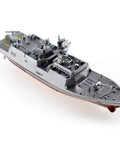 Military RC Warship Boat With 2.4 GHz Remote Control Realistic Navy Vessel Toy in silver finish, angled front view.