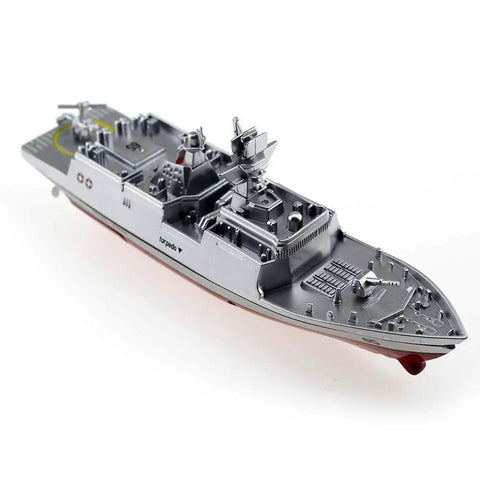 Military RC Warship Boat With 2.4 GHz Remote Control Realistic Navy Vessel Toy in silver finish, angled front view.