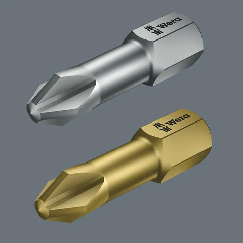 Close-up of two Bitorsions bits from Universal Bit Check Set With Rapidaptor Quick-Release Chuck, showing steel and brass finishes.