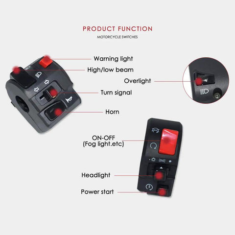 Seven Eighths Inch 22mm Handlebar Control Switch Set For ATV And Motorcycle Left And Right Horn Button Turn Signal Lights Start Kill Switch Fog Lamp And Warning Light
