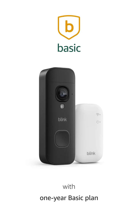 Hassle Free Wireless Video Doorbell Camera With Crisp 2K Head To Toe Clarity And Weeks Of Battery Runtime Includes Sync Module And One Year Cloud Storage Plan For Renters And Homeowners In Sleek Black, showing camera and sync module.