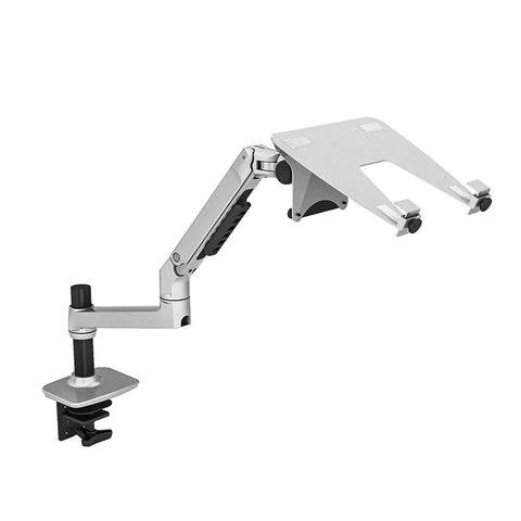 Premium Aluminum Desk Mount With Flexible Spring Arm Fits 17 To 27 Inch Screens And Laptops, sleek silver design.