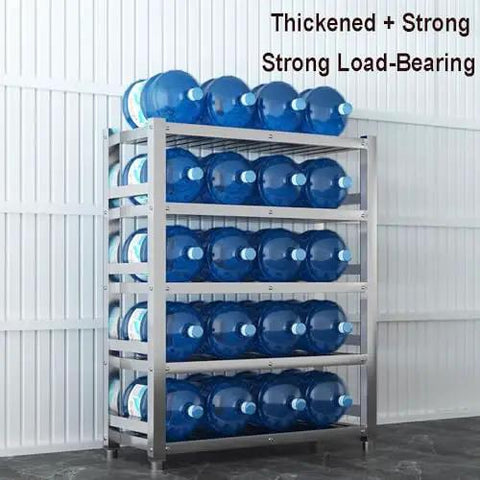 Heavy Duty Stainless Steel Four Tier Storage Shelves With Brushed Commercial Grade Finish Built Like A Tank For Kitchen Pantries Garages And Warehouses Top Shelf Workspace Organizer Rack with stacked water bottles.