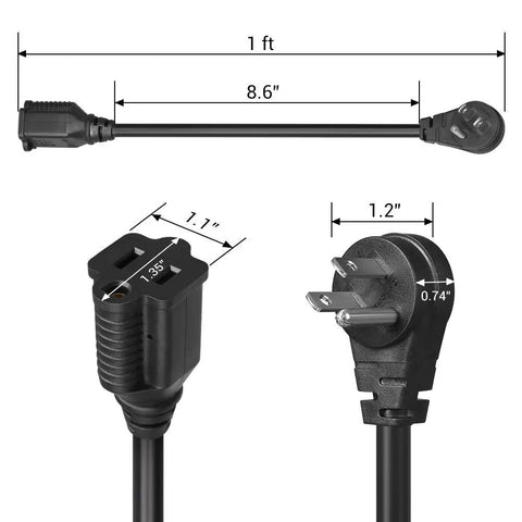 Low Profile Angled Flat Head Extension Cord 1 Foot 3 Prong SJT 14 AWG Power Cable for Indoor Use, ETL Listed, 3 Pack