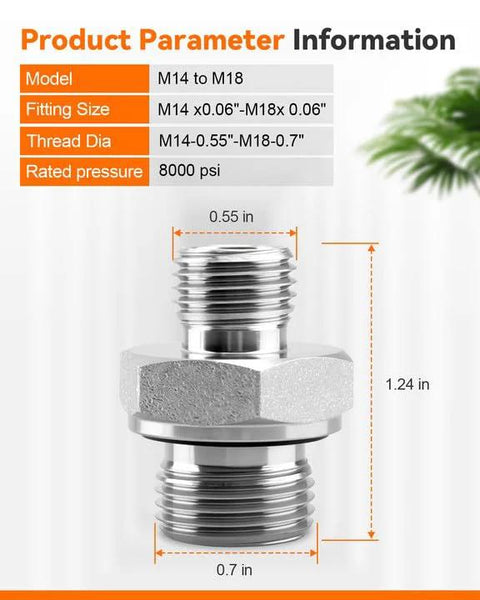 Front view of hard steel hydraulic fitting adapters, M14 to M18, 2 pcs